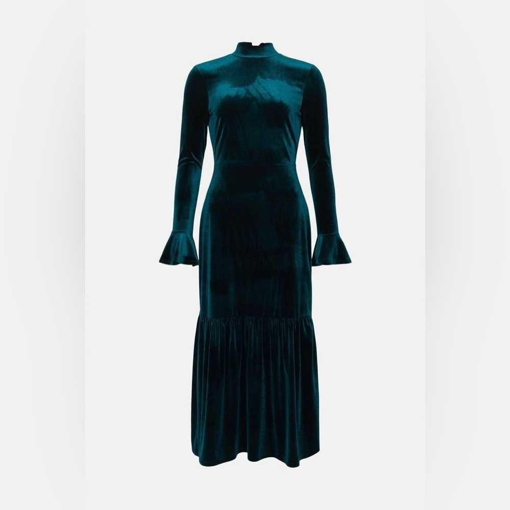 Oasis Velvet Emerald Green Funnel Neck Tiered Midi Dress with Bell Sleeves Large